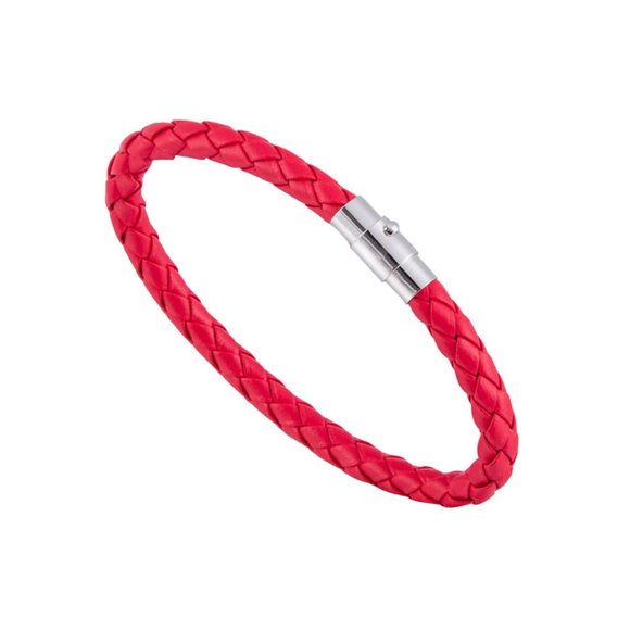 Men's Red Braided Leather Stainless Steel Bracelet - Picture 3 of 7